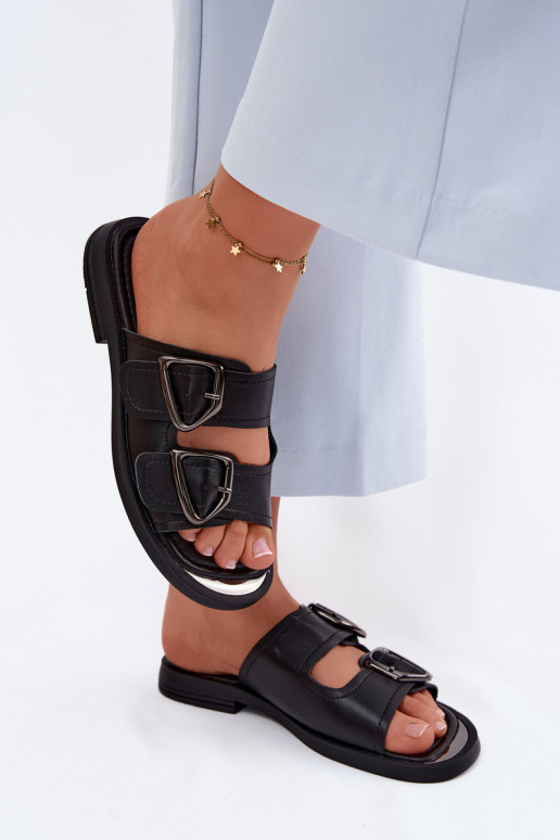 Leather Women's Slides With Buckles Vinceza 62304 Black