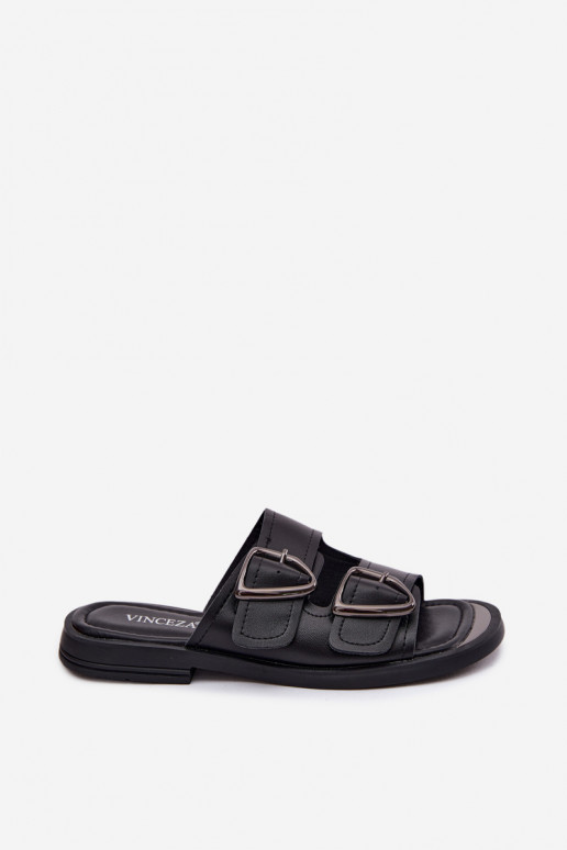 Leather Women's Slides With Buckles Vinceza 62304 Black