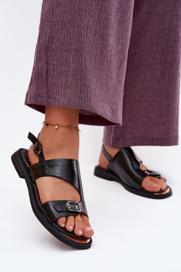 Leather Women's Flat Heel Sandals Vinceza 86434 Black 2