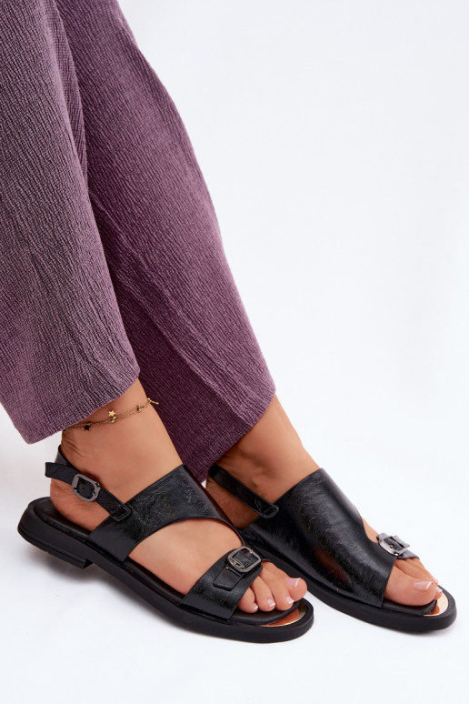 Leather Women's Flat Heel Sandals Vinceza 86434 Black