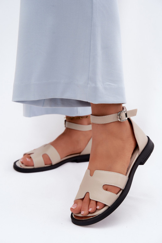 Skórzane sandały damskie z szerokim obcasem Vinceza 62305, kolor piaskowy