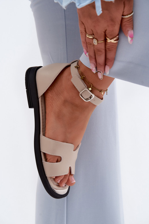 Women's Leather Sandals Flat Heel Vinceza 62305 Beige