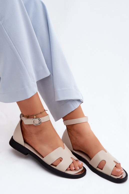 Women's Leather Sandals Flat Heel Vinceza 62305 Beige