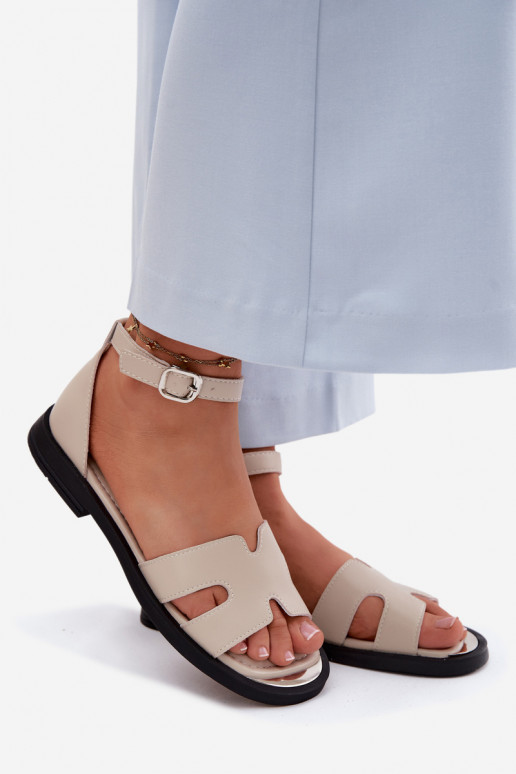 Women's Leather Sandals Flat Heel Vinceza 62305 Beige