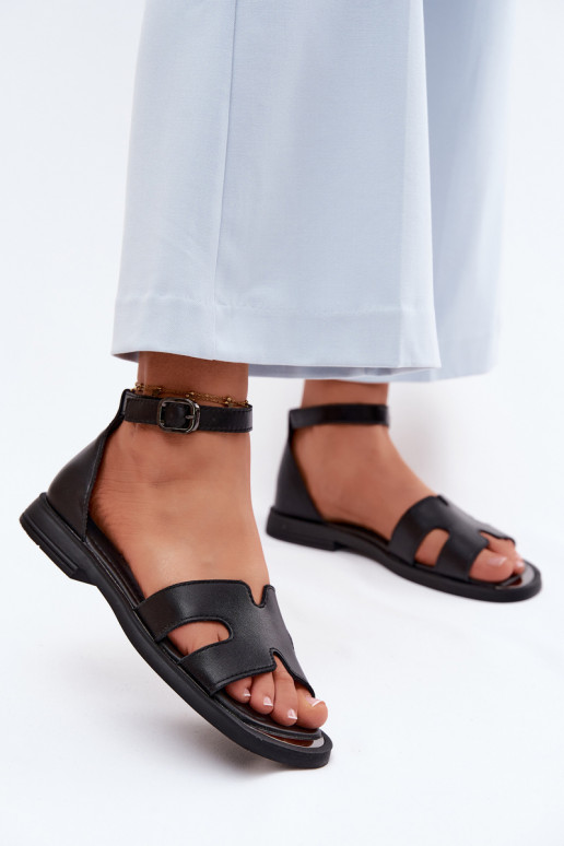 Women's Leather Sandals Flat Vinceza 62305 Black