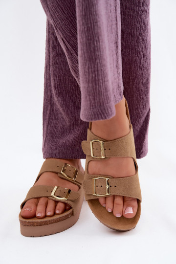 Leather Suede Women's Platform Sandals With Buckles Vinceza Beige