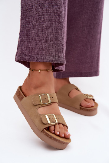 Sand leather slippers with platform and buckles Vinceza 102657 2
