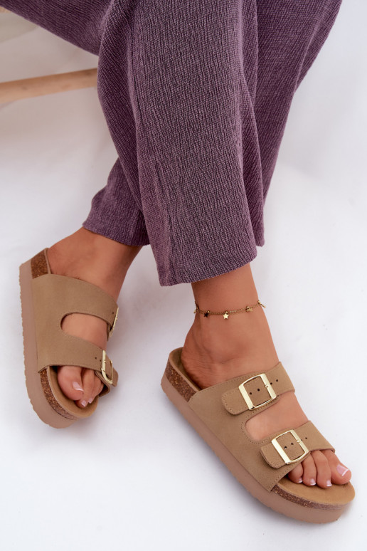 Leather Suede Women's Platform Sandals With Buckles Vinceza Beige