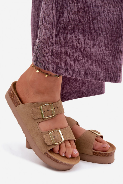Leather Suede Women's Platform Sandals With Buckles Vinceza Beige