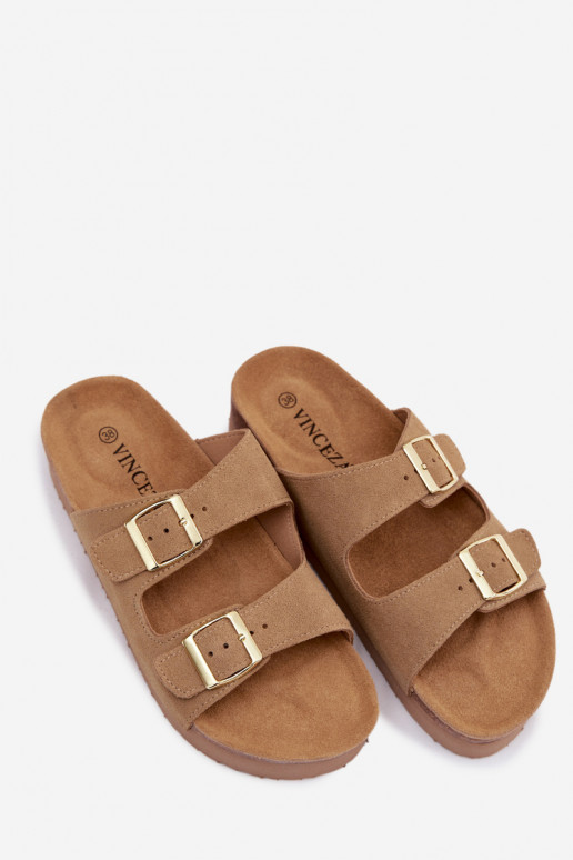 Leather Suede Women's Platform Sandals With Buckles Vinceza Beige