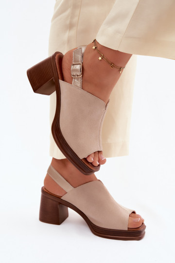 Leather Suede Heeled Block Shoes Vinceza Beige
