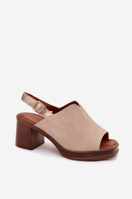 Leather Suede Heeled Block Shoes Vinceza Beige