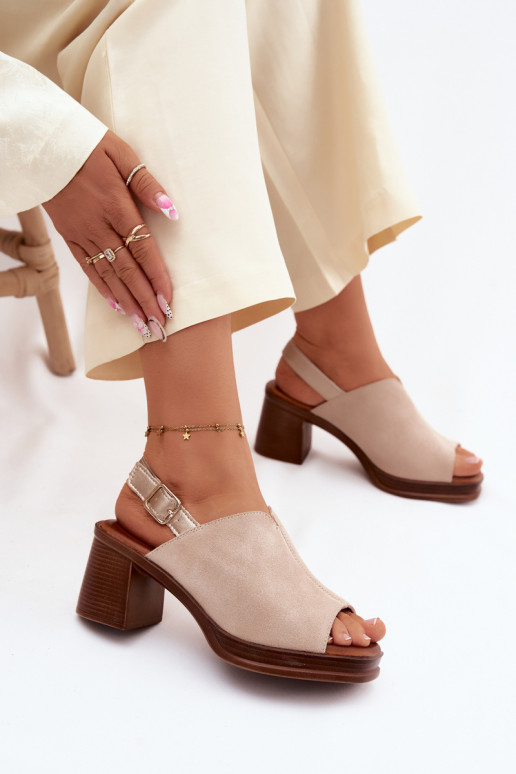 Leather Suede Heeled Block Shoes Vinceza Beige