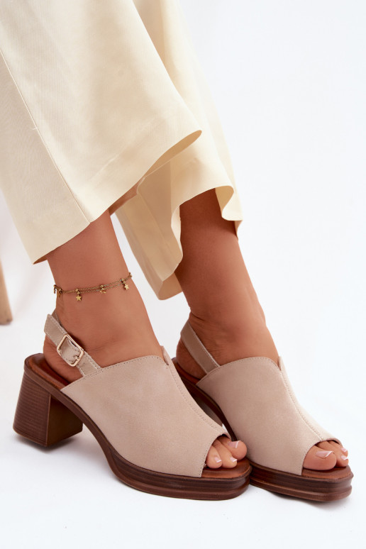 Leather Suede Heeled Block Shoes Vinceza Beige