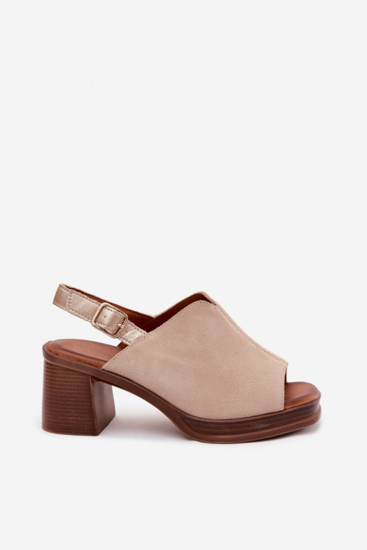 Leather Suede Heeled Block Shoes Vinceza Beige