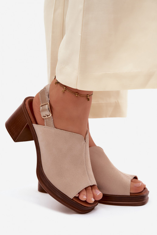 Leather Suede Heeled Block Shoes Vinceza Beige