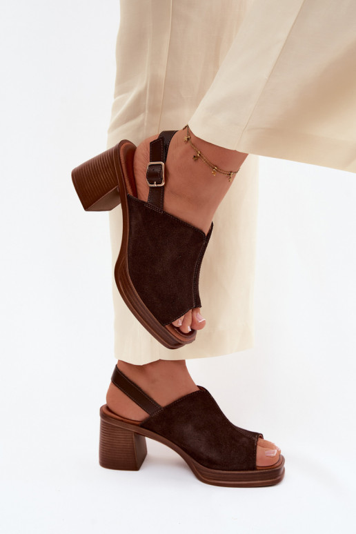 Skórzane Zamszowe Sandały Na Obcasie Słupku Vinceza 39995 Czekoladowe