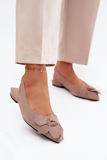 Leather Suede Sandals With Flat Heel Decorative Flower Vinceza Beige