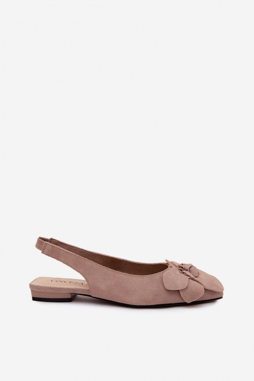 Leather Suede Sandals With Flat Heel Decorative Flower Vinceza Beige