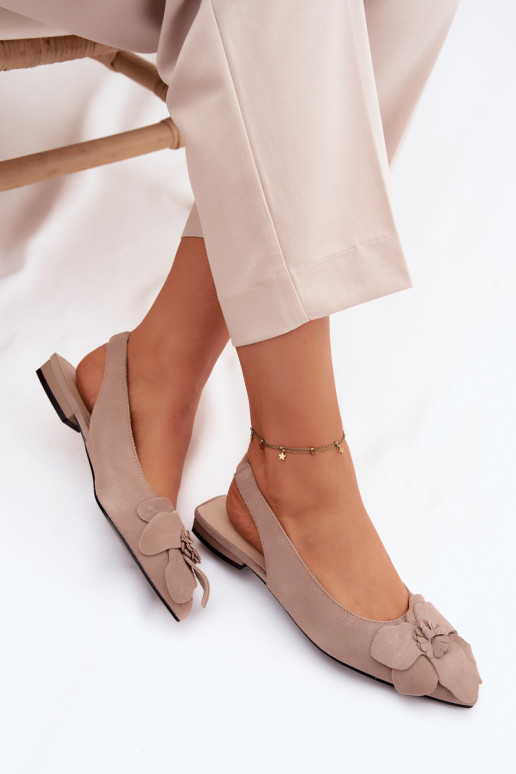 Leather Suede Sandals With Flat Heel Decorative Flower Vinceza Beige