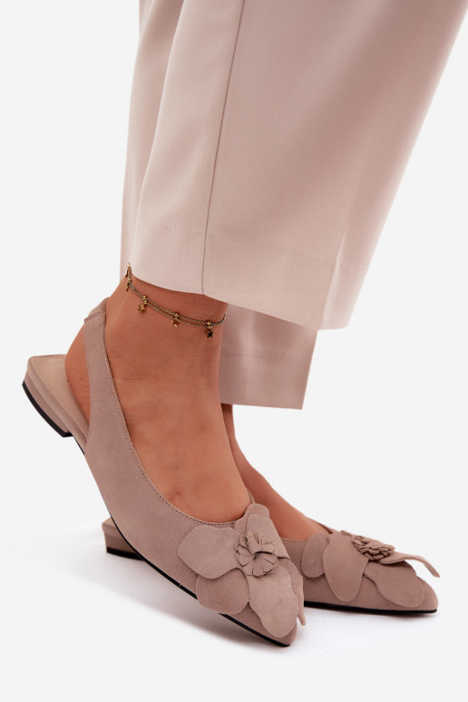 Leather Suede Sandals With Flat Heel Decorative Flower Vinceza Beige