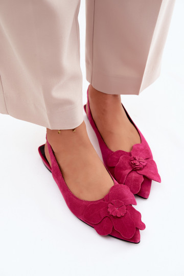 Leather Suede Sandals with Flat Heel and Decorative Flower Vinceza 66951 Fuchsia