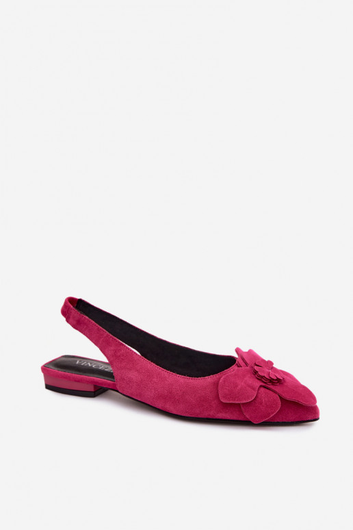 Leather Suede Sandals with Flat Heel and Decorative Flower Vinceza 66951 Fuchsia