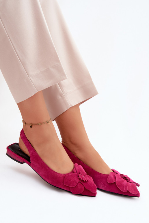 Leather Suede Sandals with Flat Heel and Decorative Flower Vinceza 66951 Fuchsia