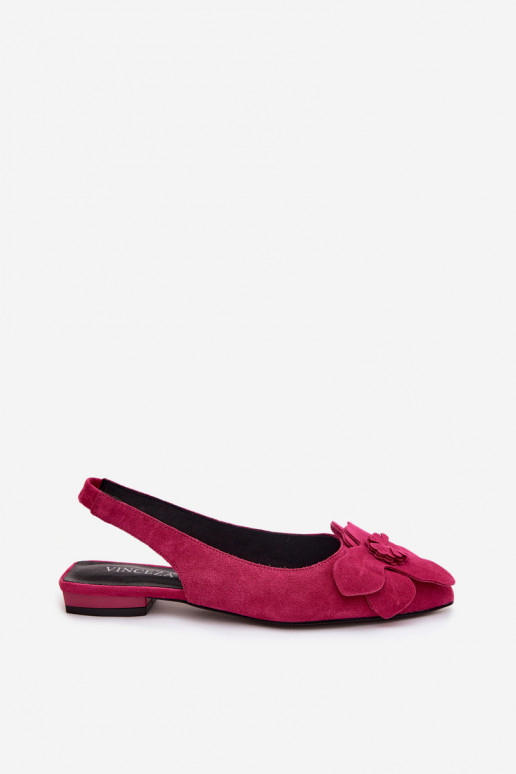 Leather Suede Sandals with Flat Heel and Decorative Flower Vinceza 66951 Fuchsia