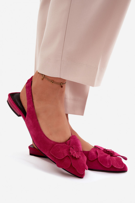 Leather Suede Sandals with Flat Heel and Decorative Flower Vinceza 66951 Fuchsia