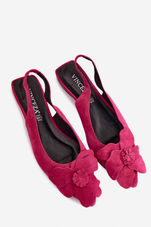 Leather Suede Sandals with Flat Heel and Decorative Flower Vinceza 66951 Fuchsia