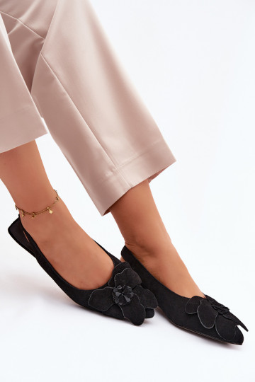 Leather Suede Flat Sandals with Decorative Flower Vinceza 66951 Black