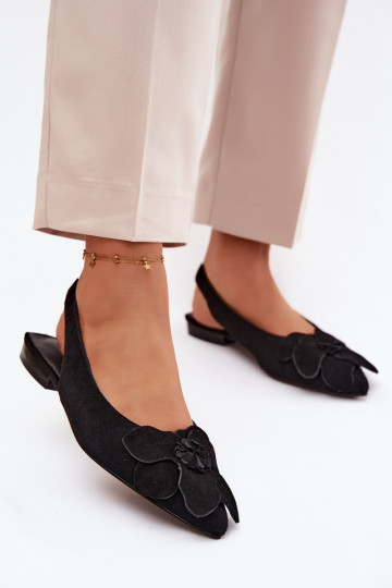 Leather Suede Flat Sandals with Decorative Flower Vinceza 66951 Black 2