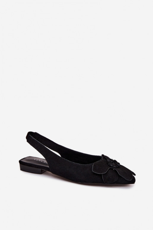 Leather Suede Flat Sandals with Decorative Flower Vinceza 66951 Black