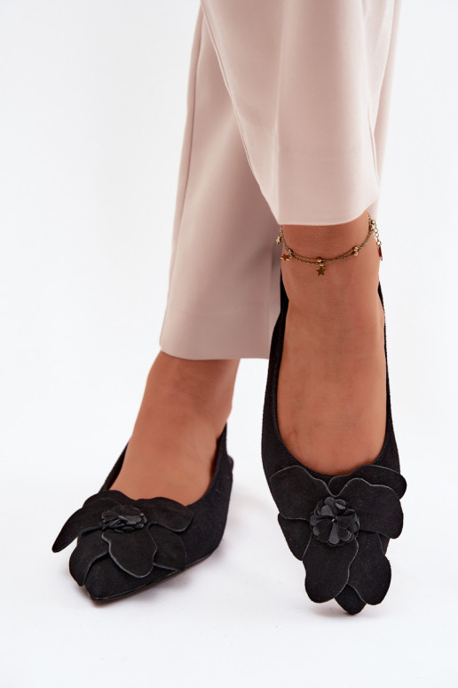Black leather platform sandals with wide heel and flower Vinceza 66951