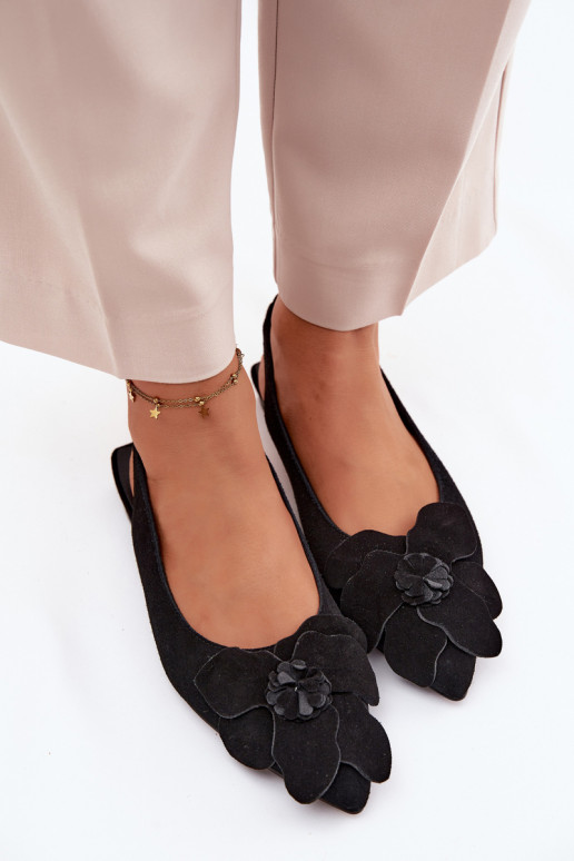 Leather Suede Flat Sandals with Decorative Flower Vinceza 66951 Black