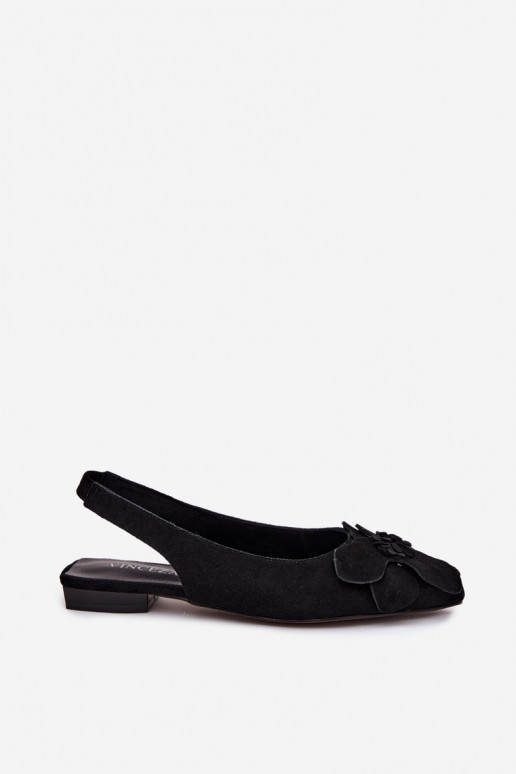 Leather Suede Flat Sandals with Decorative Flower Vinceza 66951 Black