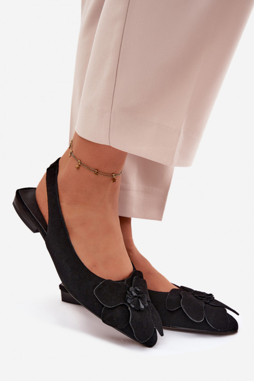 Leather Suede Flat Sandals with Decorative Flower Vinceza 66951 Black
