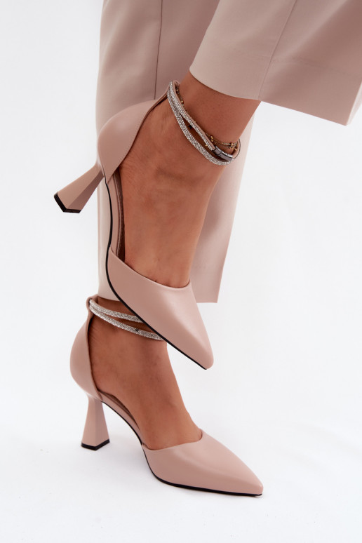 Beige shoes with small heel and shiny straps Vinceza 62283