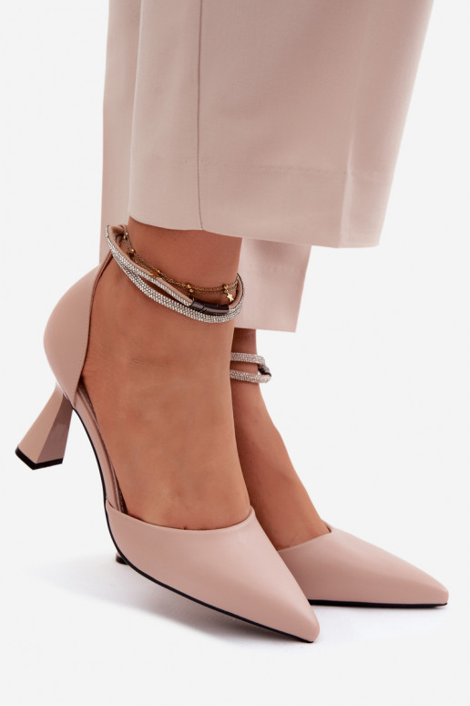 Beige shoes with small heel and shiny straps Vinceza 62283