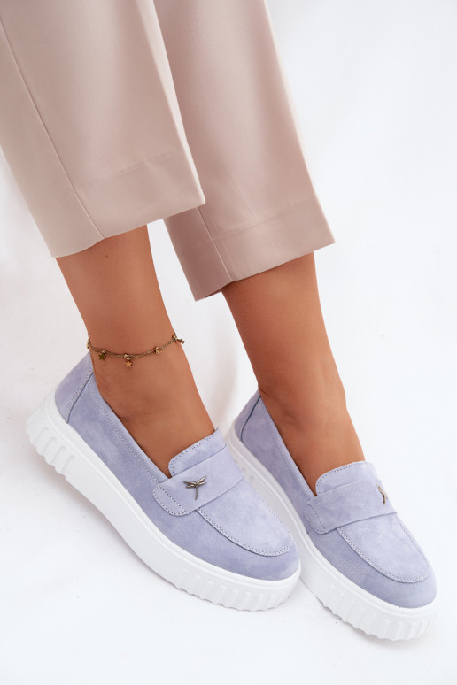 Leather Suede Women's Platform Loafers Vinceza 93218 Blue