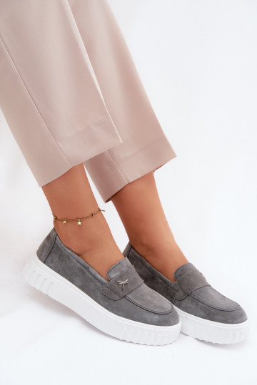 Leather Suede Women's Platform Loafers Slip-On Vinceza 93218 Dark Gray