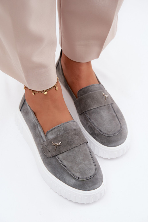 Leather Suede Women's Platform Loafers Slip-On Vinceza 93218 Dark Gray