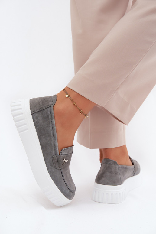 Leather Suede Women's Platform Loafers Slip-On Vinceza 93218 Dark Gray