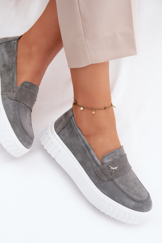 Leather Suede Women's Platform Loafers Slip-On Vinceza 93218 Dark Gray