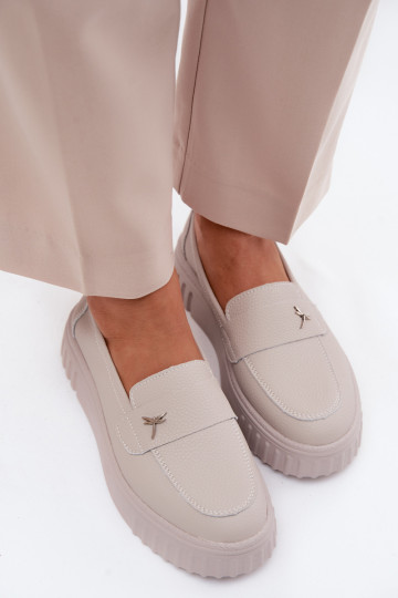 Damskie skórzane buty na platformie, wsuwane Vinceza 93218 w beżowym