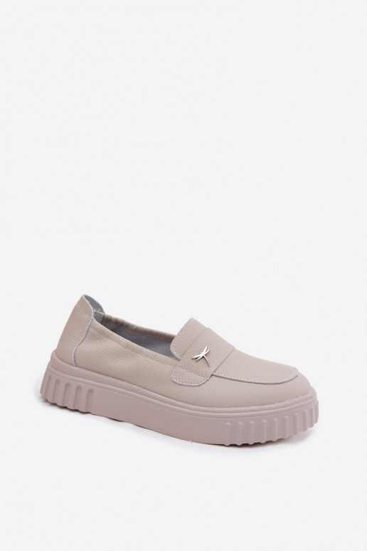 Damskie skórzane buty na platformie, wsuwane Vinceza 93218 w beżowym