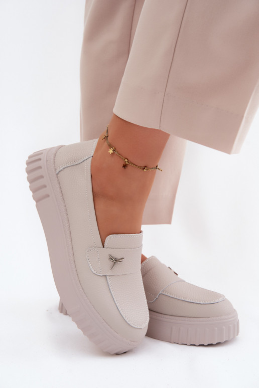 Skórzane Półbuty Damskie Na Platformie Wsuwane Vinceza 93218 Beżowe