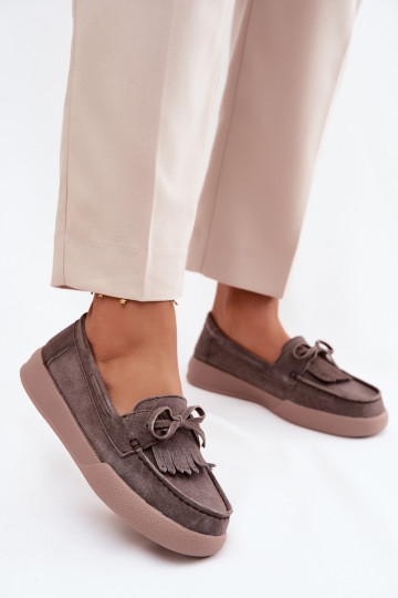 Women's Suede Loafers With Bow And Fringes Vinceza 93223 Brown