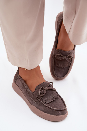 Women's Suede Loafers With Bow And Fringes Vinceza 93223 Brown 2